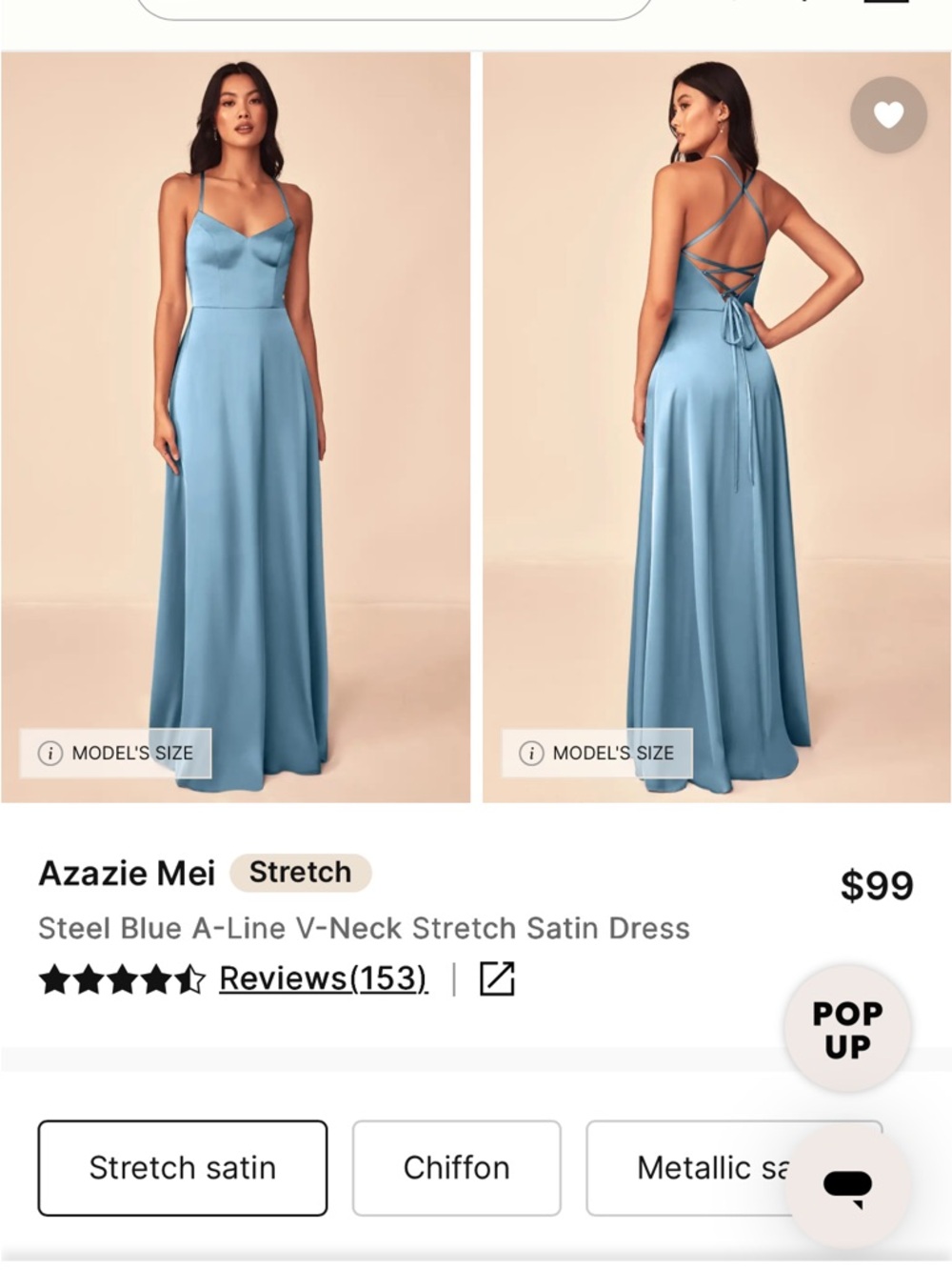 Azazie Steel Blue Backless A-Line Satin Gown